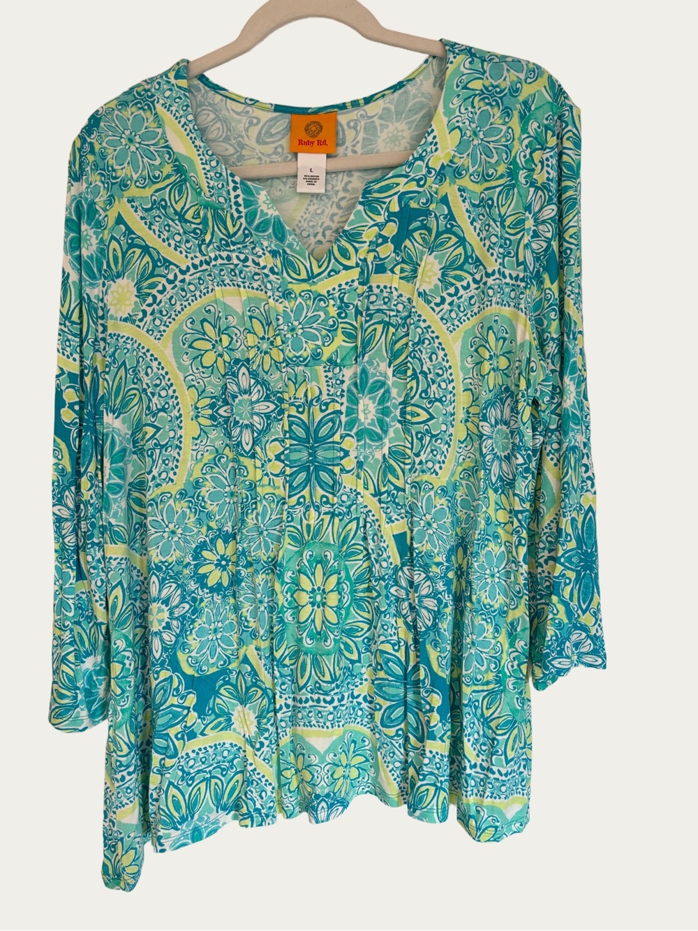 Ruby Rd. Turquoise and Lime Floral V-Neck 3/4 Sleeve Tunic - Large